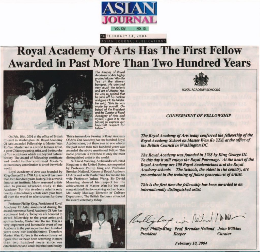 Royal Academy Of Arts Has The First Fellow Awarded in Past More Then Two Hundred Years (February 14, 2004 ASIAN JOURNAL)
